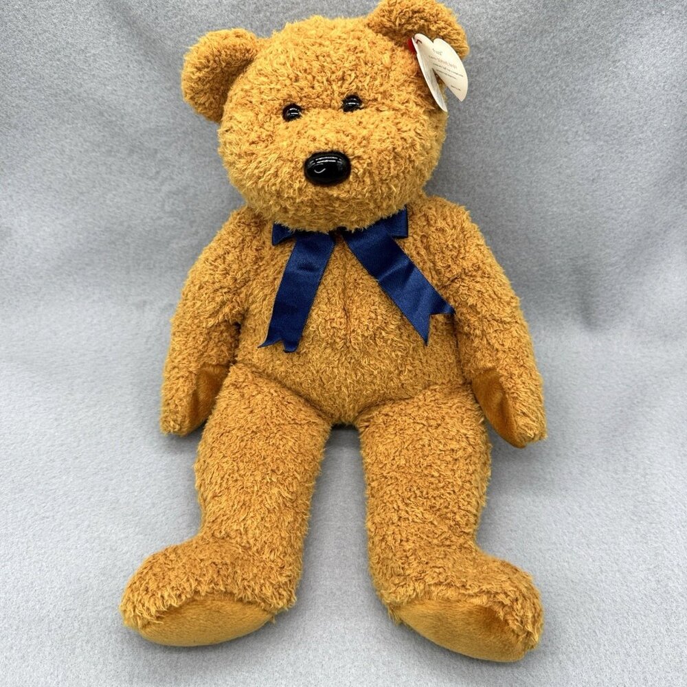 Teddy Bear Fuzz Brown Blue Bow Tie 1999 Plush Stuffed Toy 13" TY Beanie Buddies - Picture 1 of 13